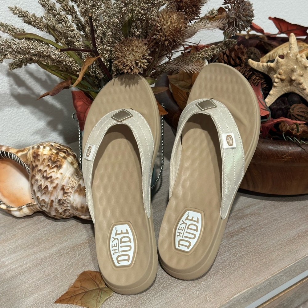 Hey Dude Women's Gold and Tan Flip Flops
